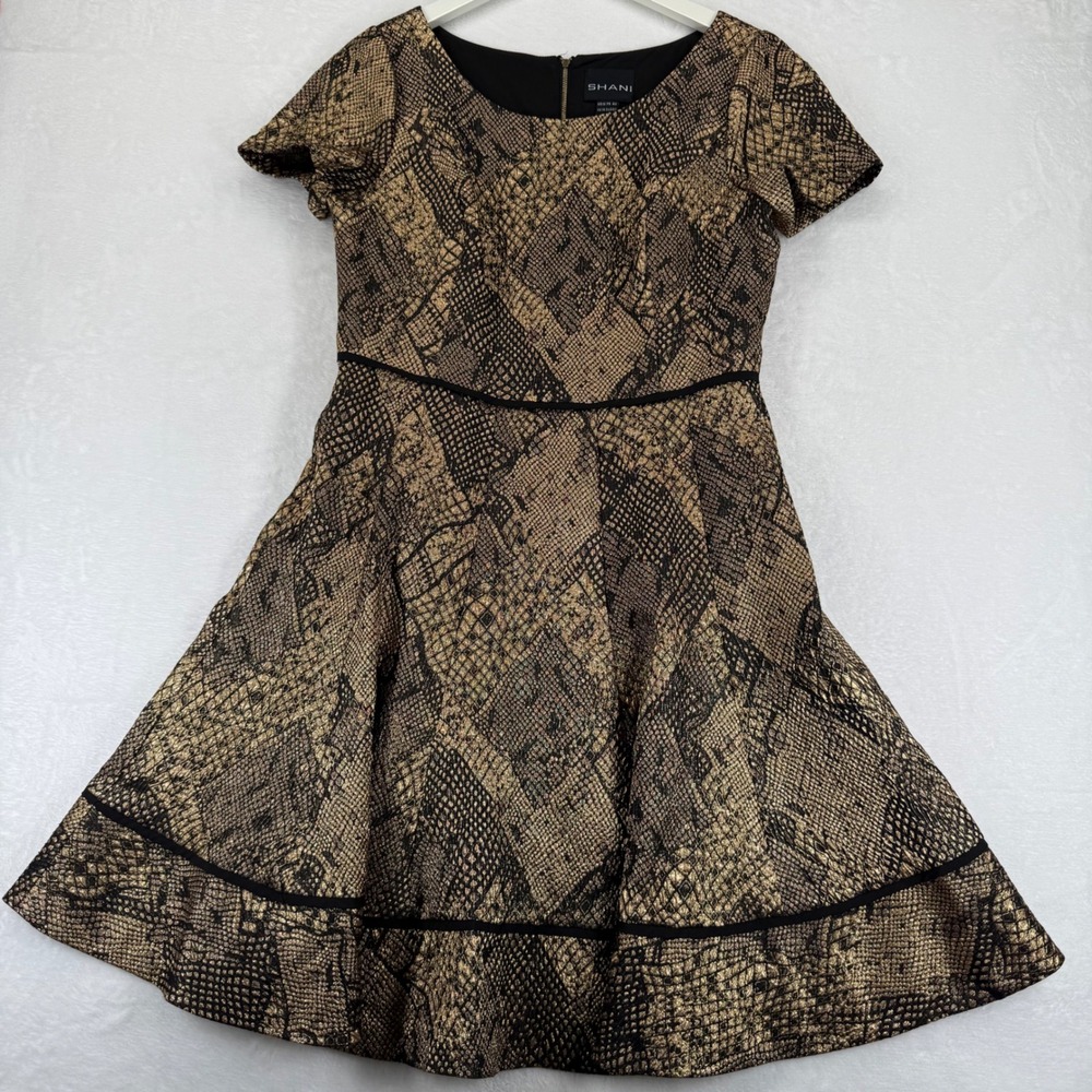 SHANI Womens‎ Gold Metallic Snakeskin Fit Flare Dress Short Sleeve Size 10 Black